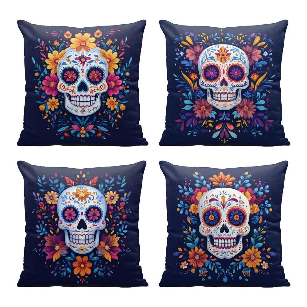 2283 Sugar Skull Pillow Covers 18x18 Inch Set of 4, Cute Floral Colorful